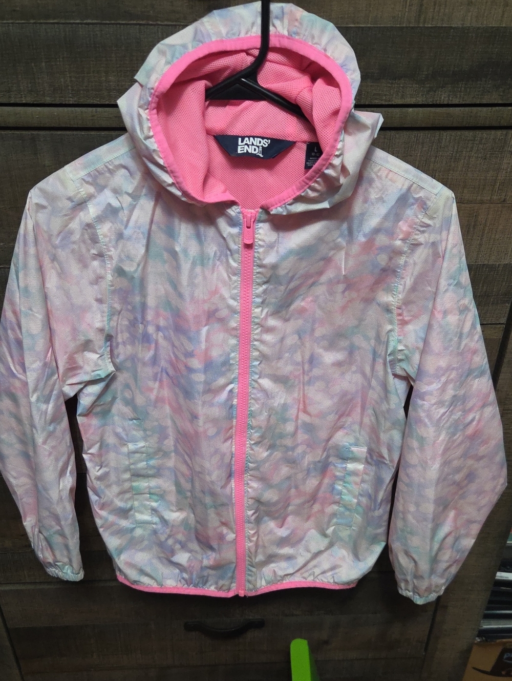 Lands' End Girls' Pink Pastel Print Hooded Rain Jacket